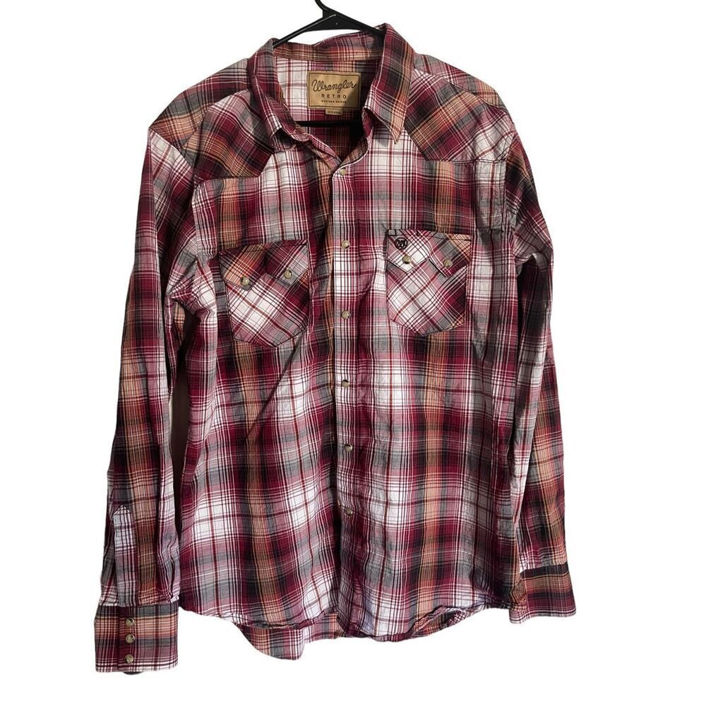 Wrangler Retro Mens Red Plaid  Pearl Snap Western Long Sleeve Size XL